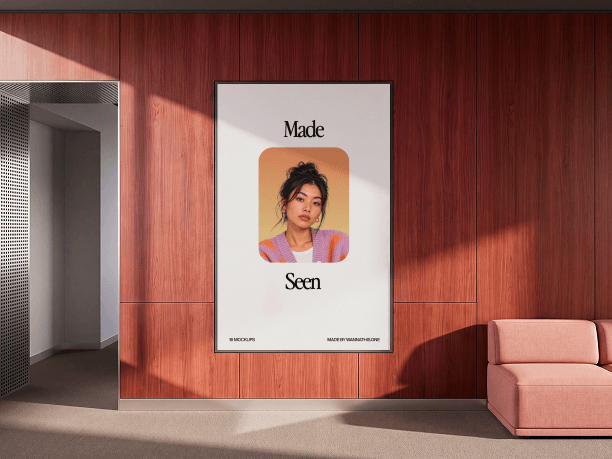 vertical billboard mockup beside a sofa