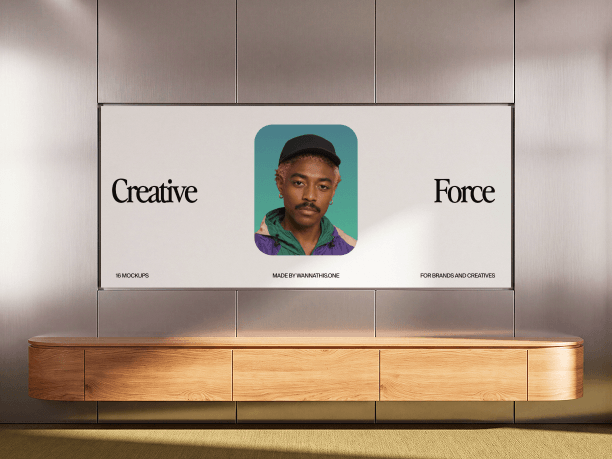 interior billboard mockup above a wooden bench
