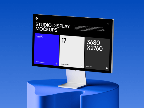 stylish studio display mockup on a blue shape