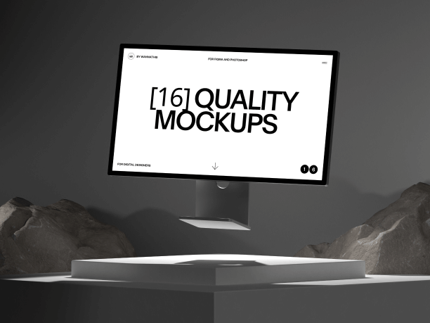 stylish studio display mockup levitating against the rocks