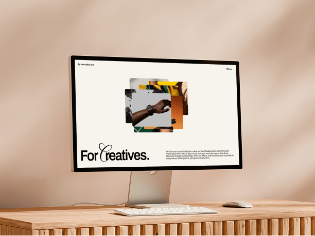 stylish imac mockup on wooden workspace
