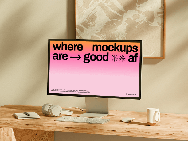 stylish monitor mockup on wooden desk setup