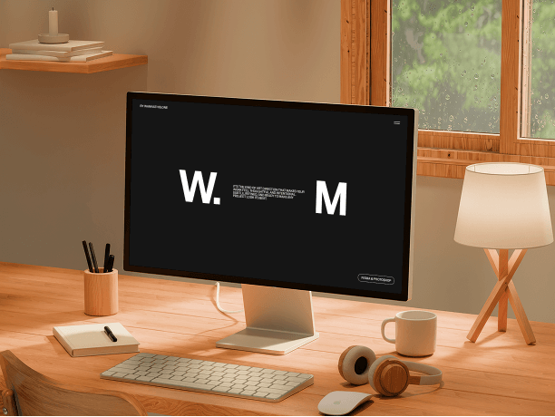 stylish wide monitor mockup in natural workspace