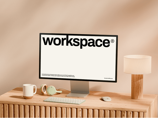 stylish monitor mockup on minimal wooden desk