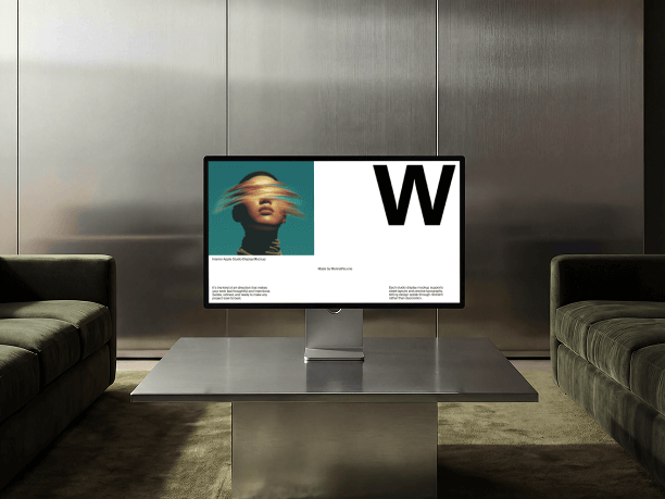 stylish studio display mockup between lounge sofas