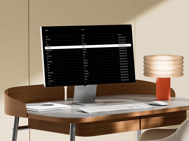 stylish studio display mockup on curved wooden desk
