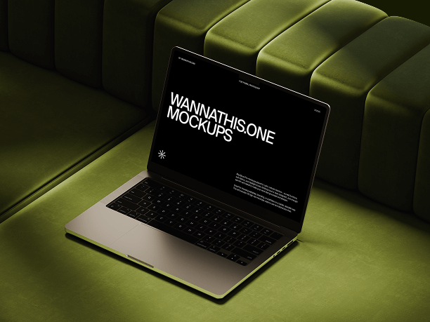 macbook mockup on chartreuse green sofa