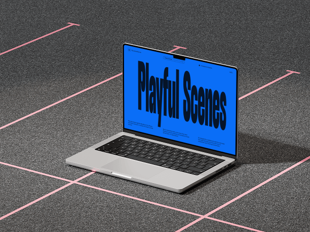 laptop mockup on asphalt grid surface
