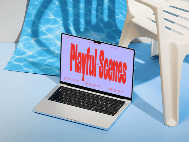 laptop mockup in poolside summer scene
