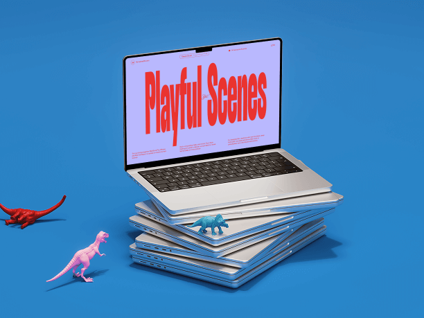 laptop mockup on books with toy dino figures