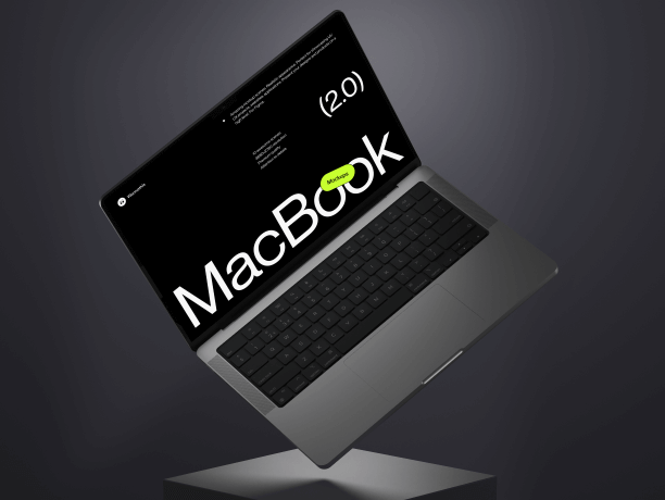 macbook pro mockup levitating over a cube