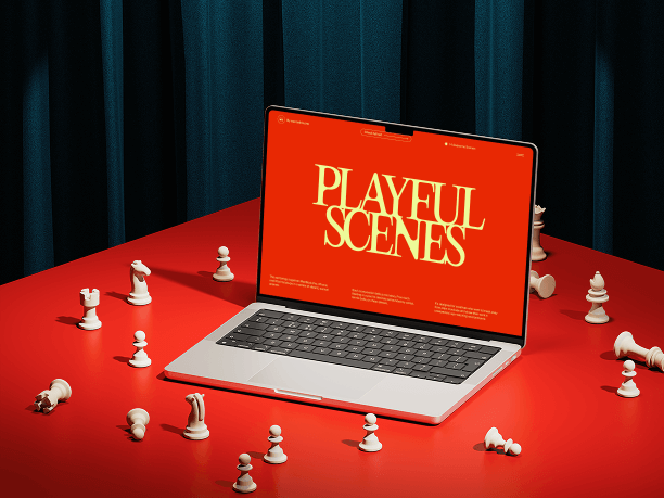 laptop mockup surrounded by chess pieces