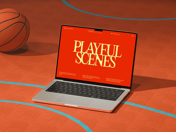 laptop mockup on sporty outdoor court