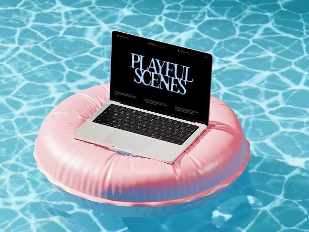 laptop mockup floating on pool inflatable