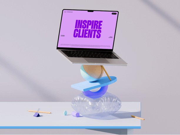 laptop mockup with abstract balance shapes