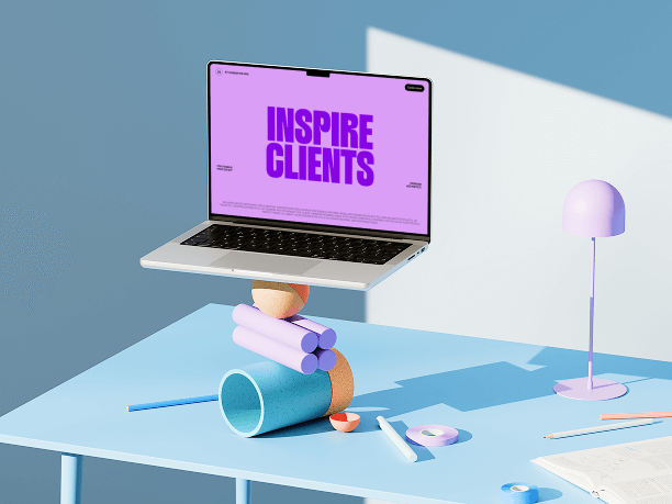 laptop mockup on creative balanced objects