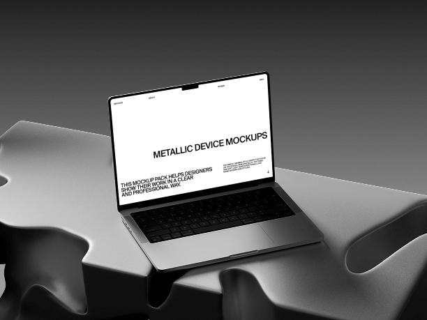 macbook mockup on sculpted metallic surface