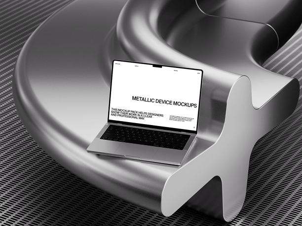 macbook mockup on abstract metallic sculpture