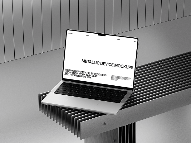 macbook mockup on metallic slatted bench