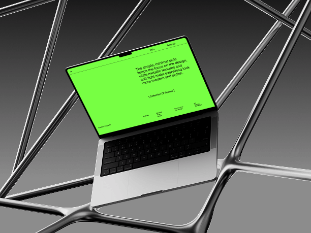 macbook mockup on sculptural metal frame