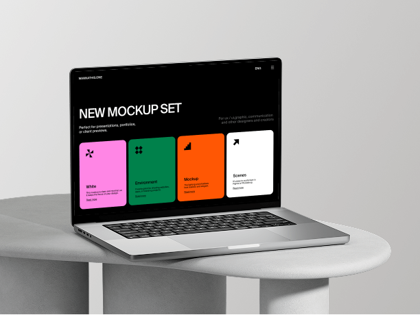 macbook mockup on rounded white table