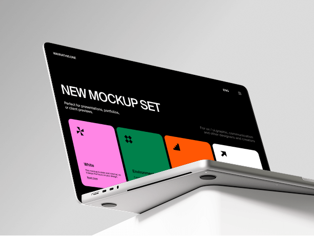 macbook mockup on white surface edge