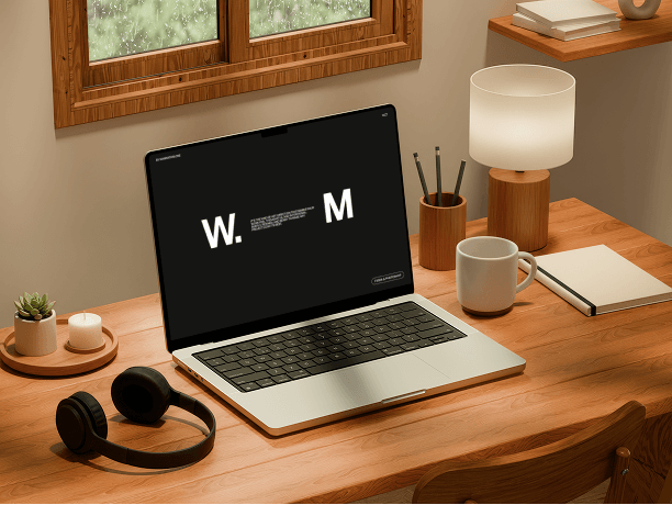 macbook mockup on wooden desk