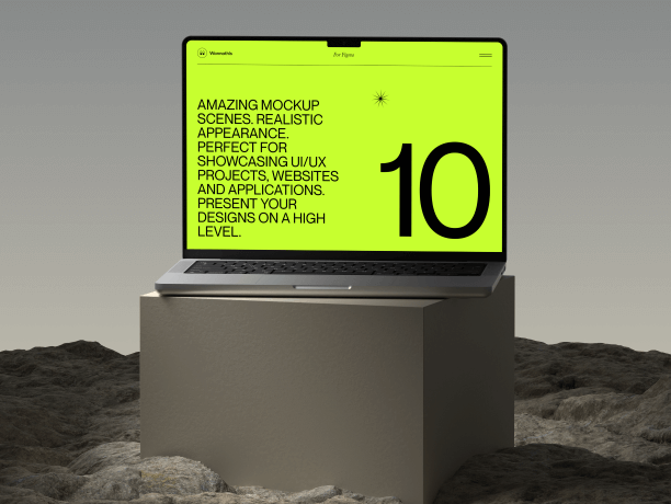 macbook pro mockup on cube with rocky surface