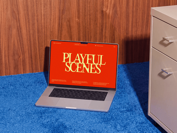 macbook mockup on a carpet by a cabinet