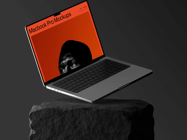 macbook pro mockup levitating over a rock