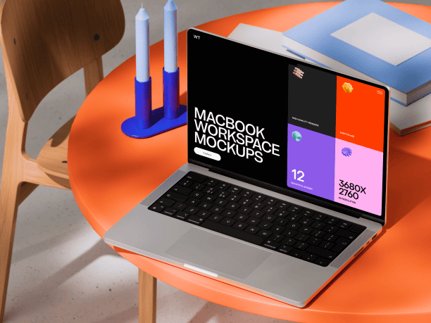 workspace macbook mockup on orange table