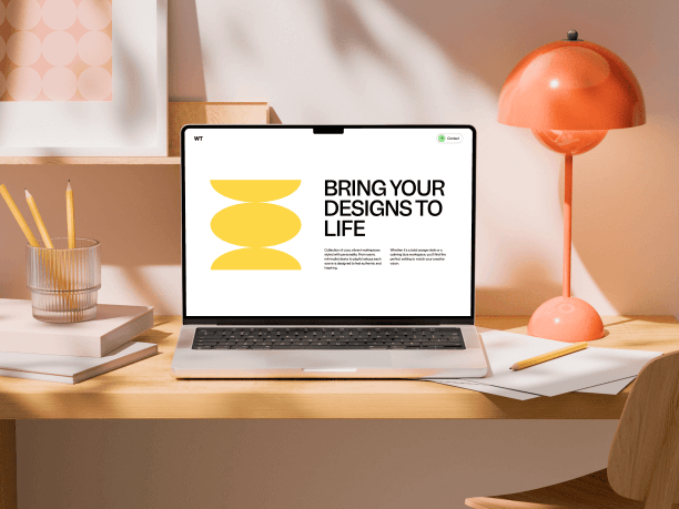 workspace macbook mockup on wooden table