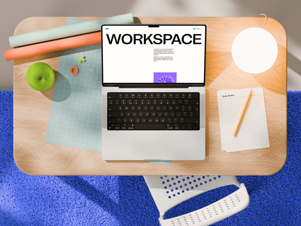 workspace macbook mockup view from top