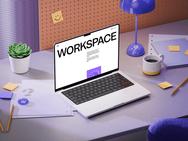 cozy workspace macbook mockup