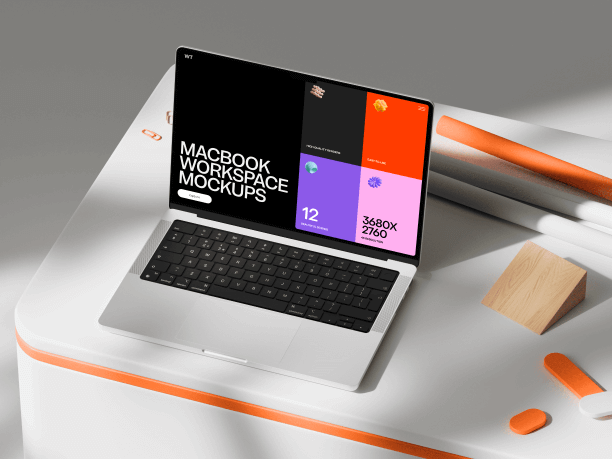 workspace macbook mockup on grey table