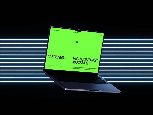 blackout silhouette laptop mockup with light stripes on background