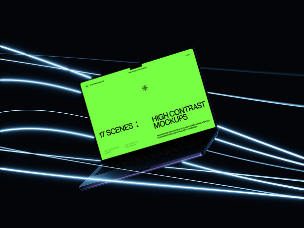 laptop mockup with wavy light stripes on background