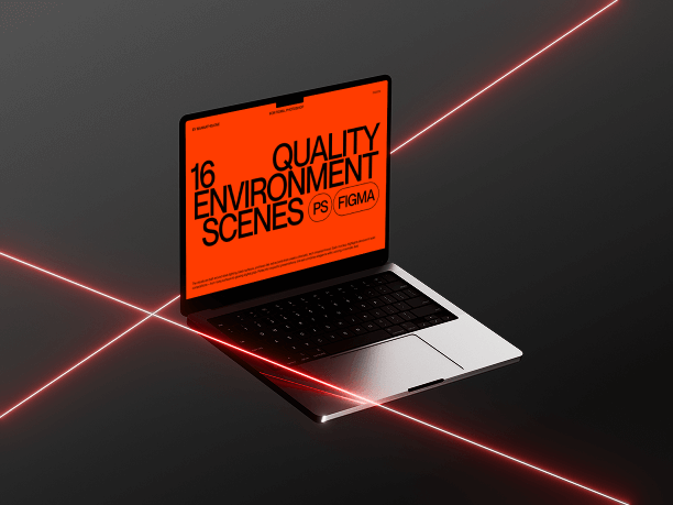 laser edged macbook mockup on floating display
