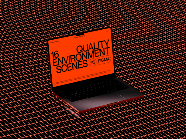 grid surface macbook mockup with neon red