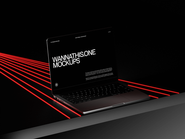 dark futuristic macbook mockup with laser lines