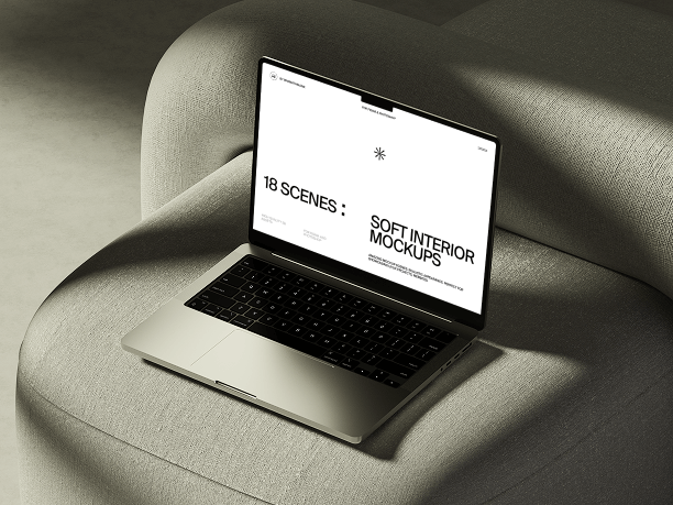 macbook mockup on light brown armchair
