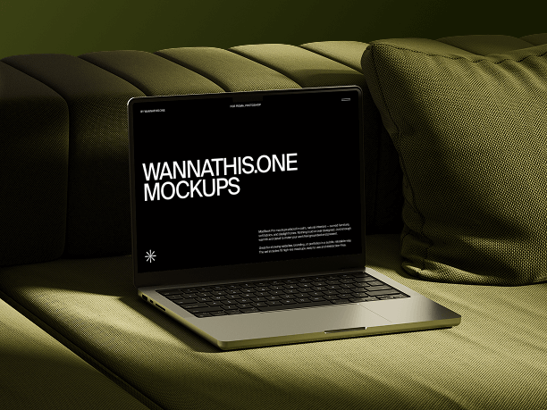 macbook mockup on green velvet armrest