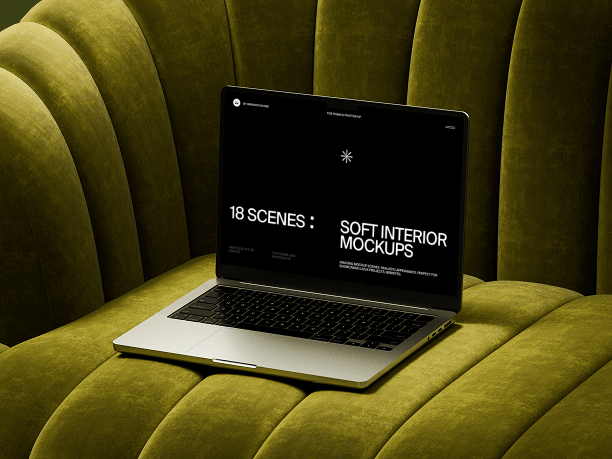 macbook mockup on golden green tufted couch
