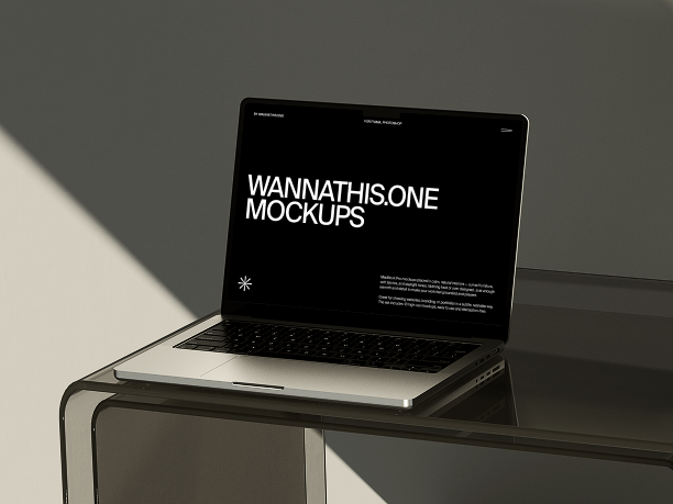 macbook mockup on dark glass tabletop