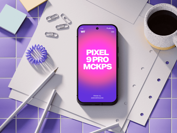 google pixel 9 pro mockup on paper sheets