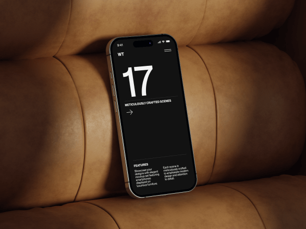 iphone 16 mockup on a brown sofa