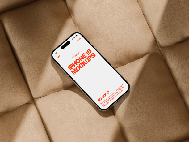 iphone 16 mockup on a pale sofa