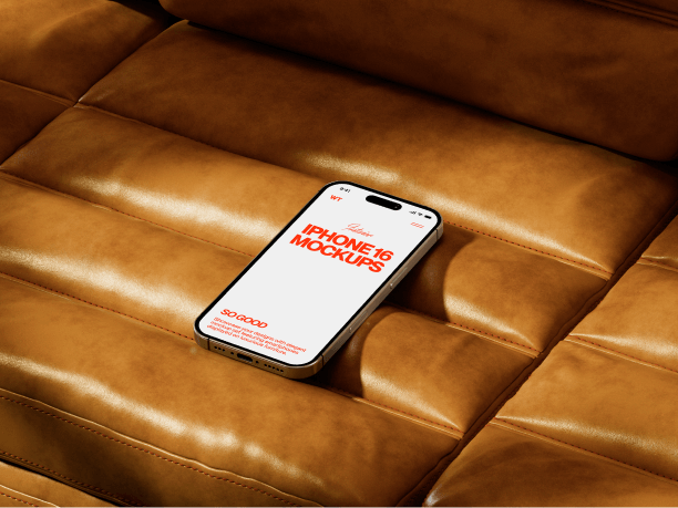 iphone 16 mockup on a brown sofa 4