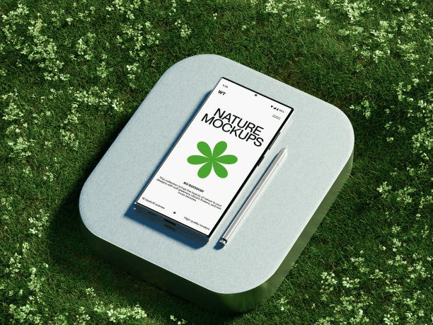 samsung s24 mockup lying on the grass outdoors