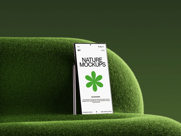 samsung s24 mockup standing on the grass